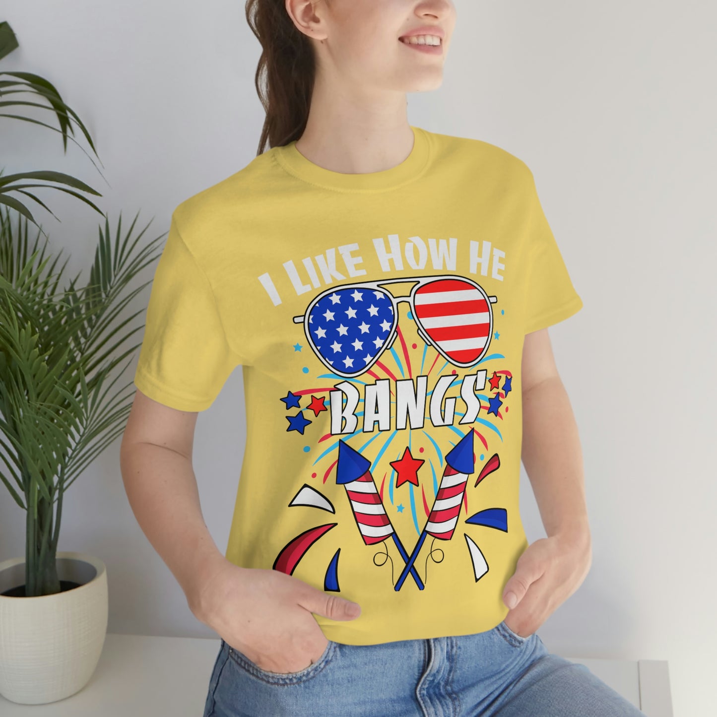 I Like How He Bangs American Flag, Fourth Of July 4th , American Flag Glasses Unisex Jersey Short Sleeve Tee