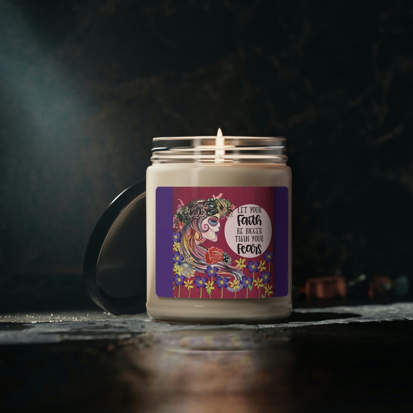 Let Your Faith Be Bigger Than Your Fears, Skull And Flower Collage Scented Soy Candle, 9oz