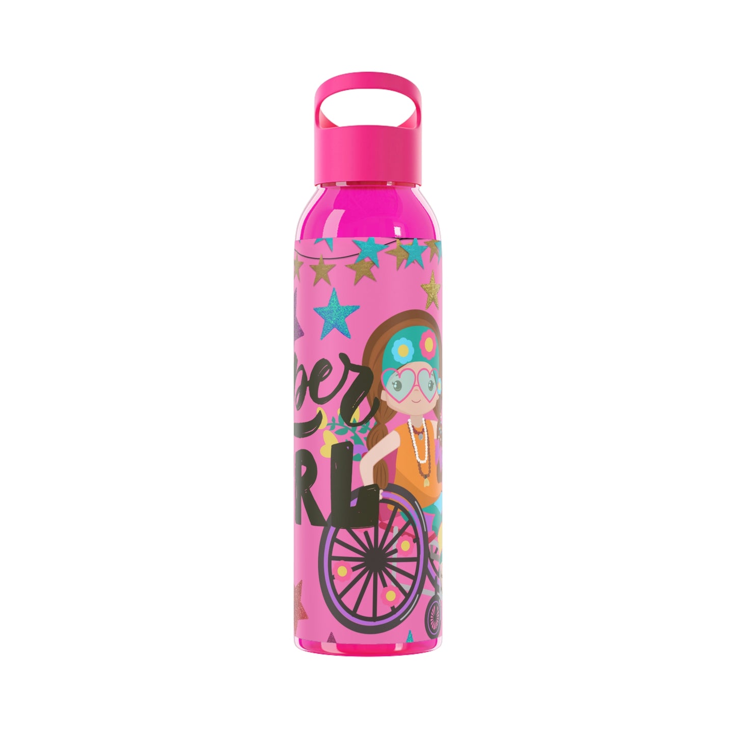 Super Girl Hippie Chic , Wheelchair Purple Background Sky Water Bottle