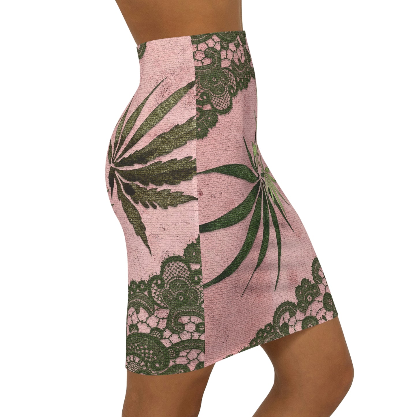 Grey Lace Gorgeous Pink Designed Marijuana 420 Weed Leaf Women's Mini Skirt (AOP)