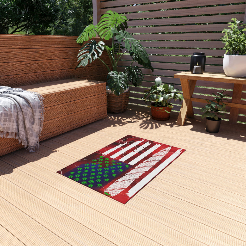 Flag Red, White And Blue Beautiful Red Background With Marijuana Pot Weed 420 Outdoor Rug