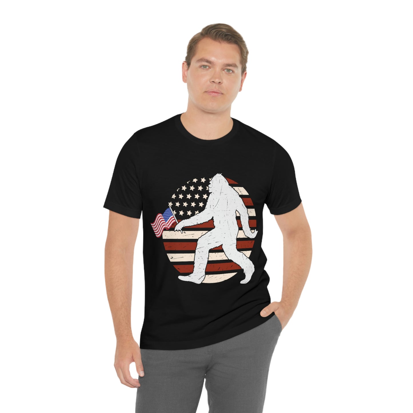 Big Foot American Flag, Fourth Of July 4th Unisex Jersey Short Sleeve Tee