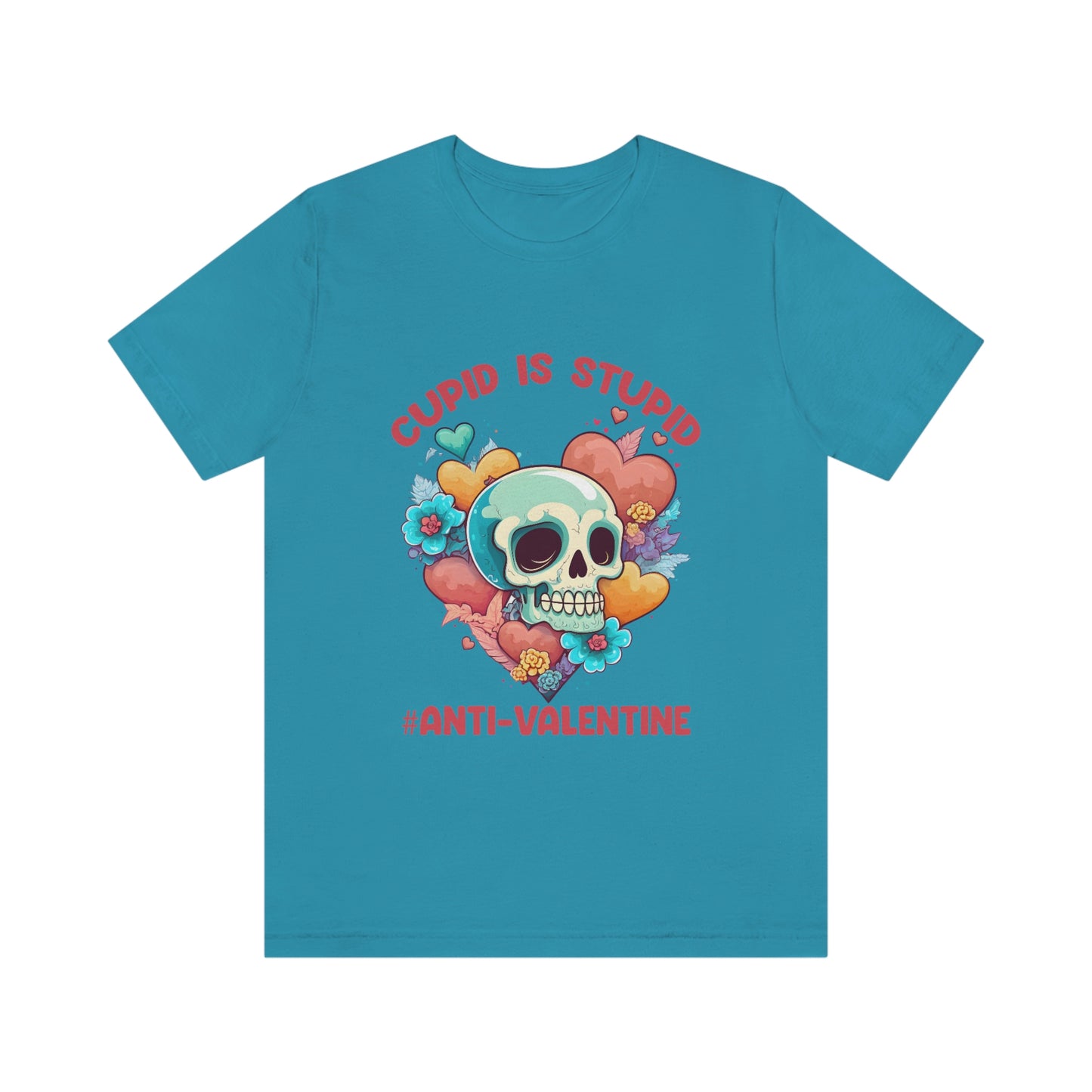 Stupid Cupid #Anti-Valentine Skull With Hearts & Flowers Unisex Jersey Short Sleeve Tee