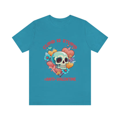 Stupid Cupid #Anti-Valentine Skull With Hearts & Flowers Unisex Jersey Short Sleeve Tee