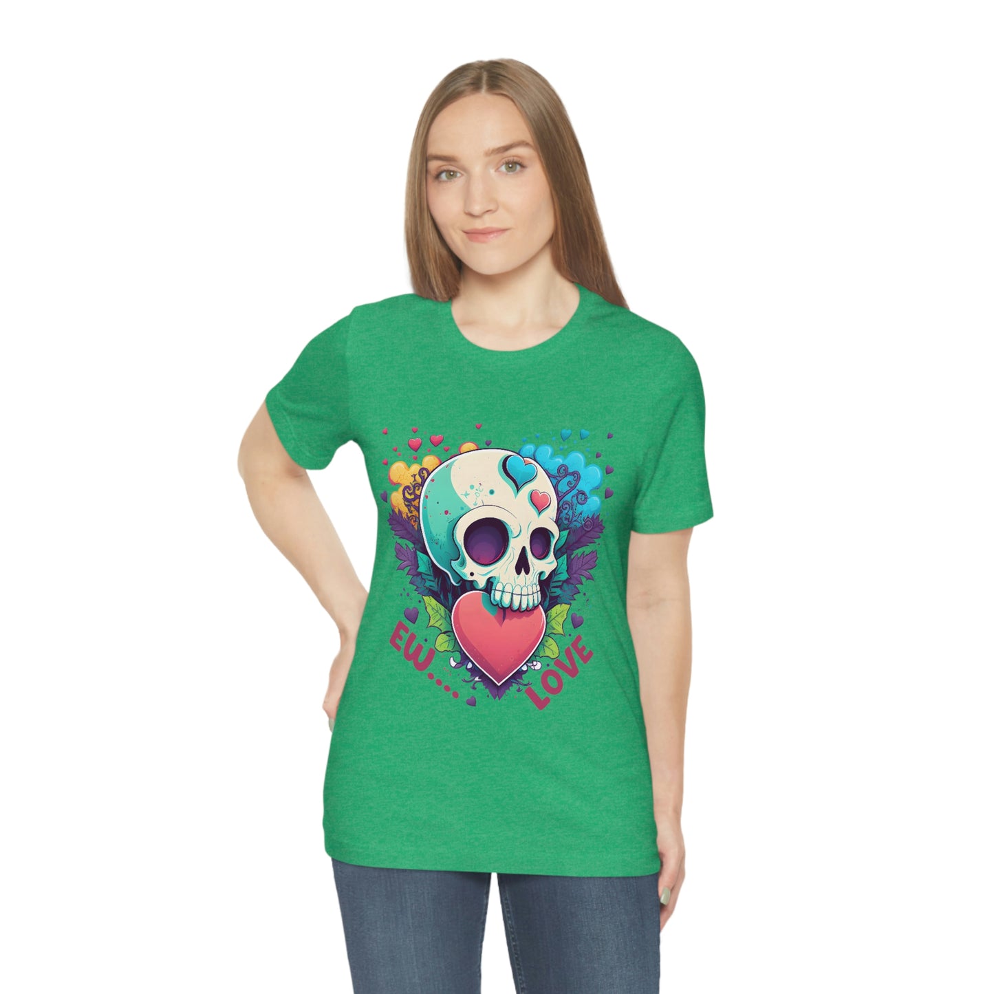 Ew Love Valentine Skull  With Pink And Blue Hearts Unisex Jersey Short Sleeve Tee