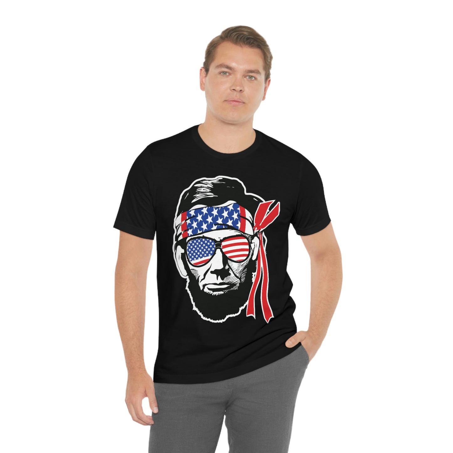 Independence Day Groovy Flag Glasses Well Known Face with Flag Bandana Unisex Jersey Short Sleeve Tee