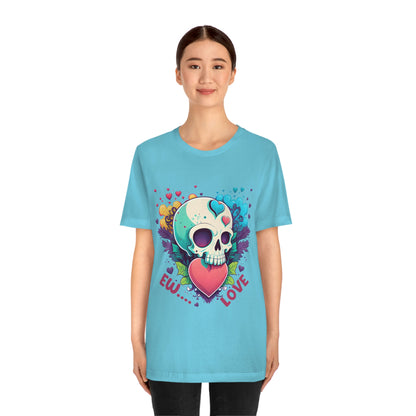 Ew Love Valentine Skull  With Pink And Blue Hearts Unisex Jersey Short Sleeve Tee