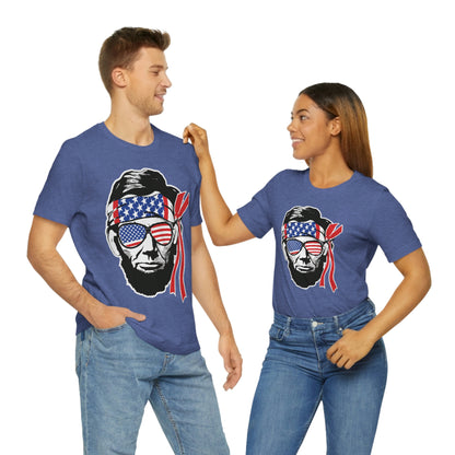 Independence Day Groovy Flag Glasses Well Known Face with Flag Bandana Unisex Jersey Short Sleeve Tee