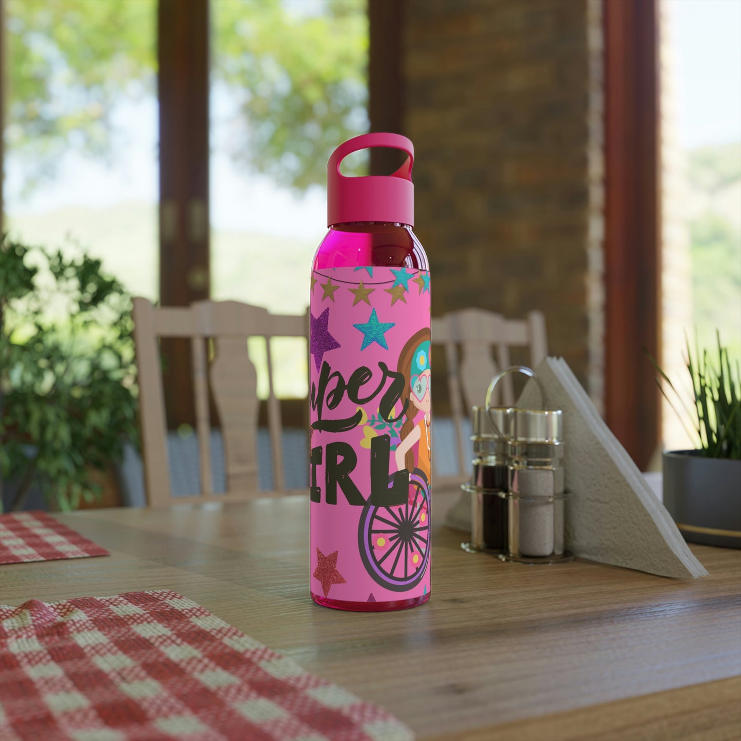 Super Girl Hippie Chic , Wheelchair Purple Background Sky Water Bottle