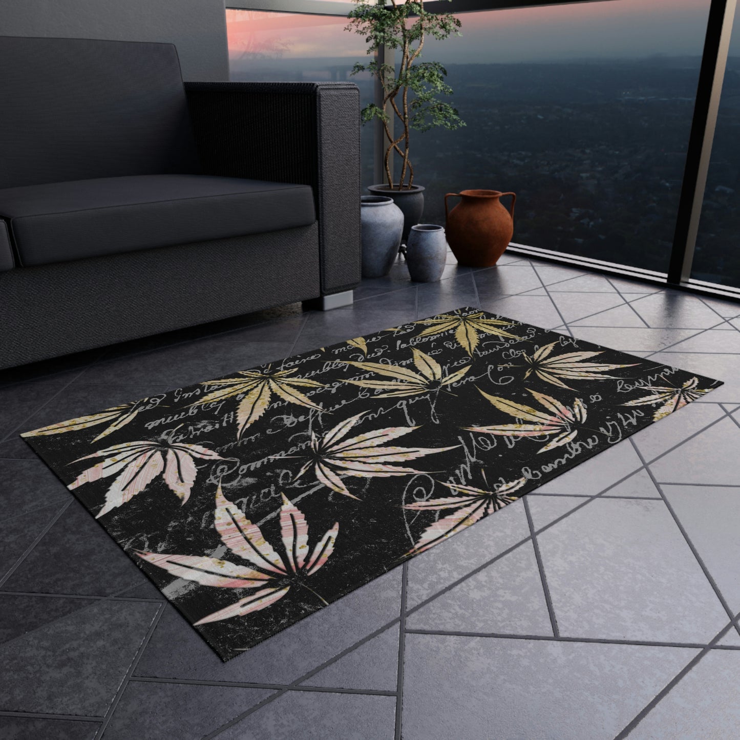 Gold And Black 420 Weed Pot Marijuana Leaf Outdoor Rug