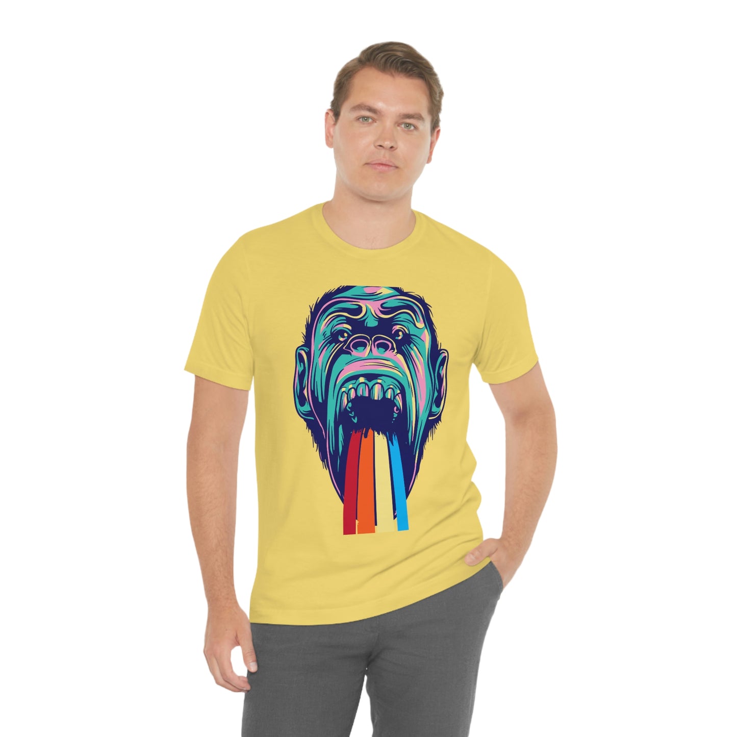 Color Ape Pouring flowing Rainbow Out His Mouth, Unisex Jersey Short Sleeve Tee