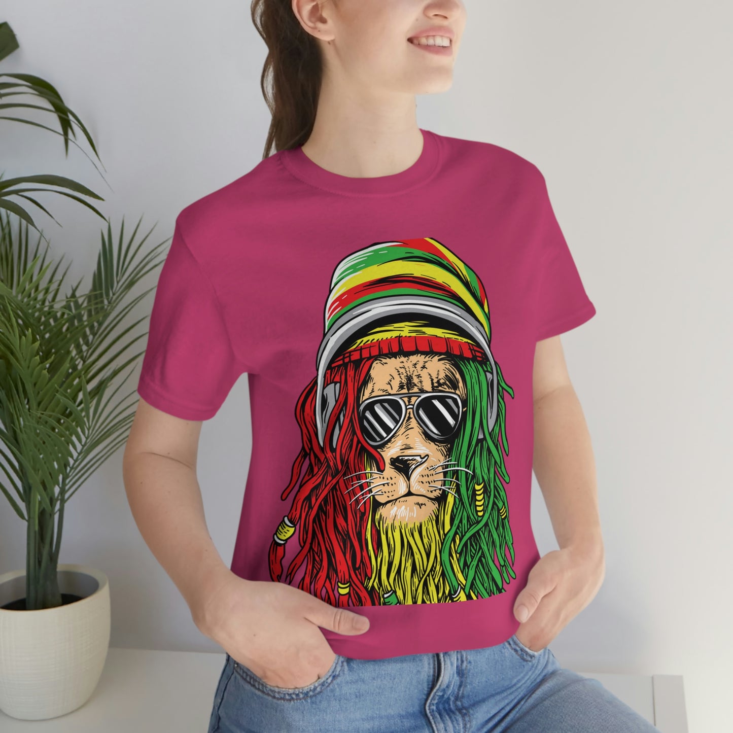 Reggae Lion With Dread locks with Hat, Unisex Jersey Short Sleeve Tee