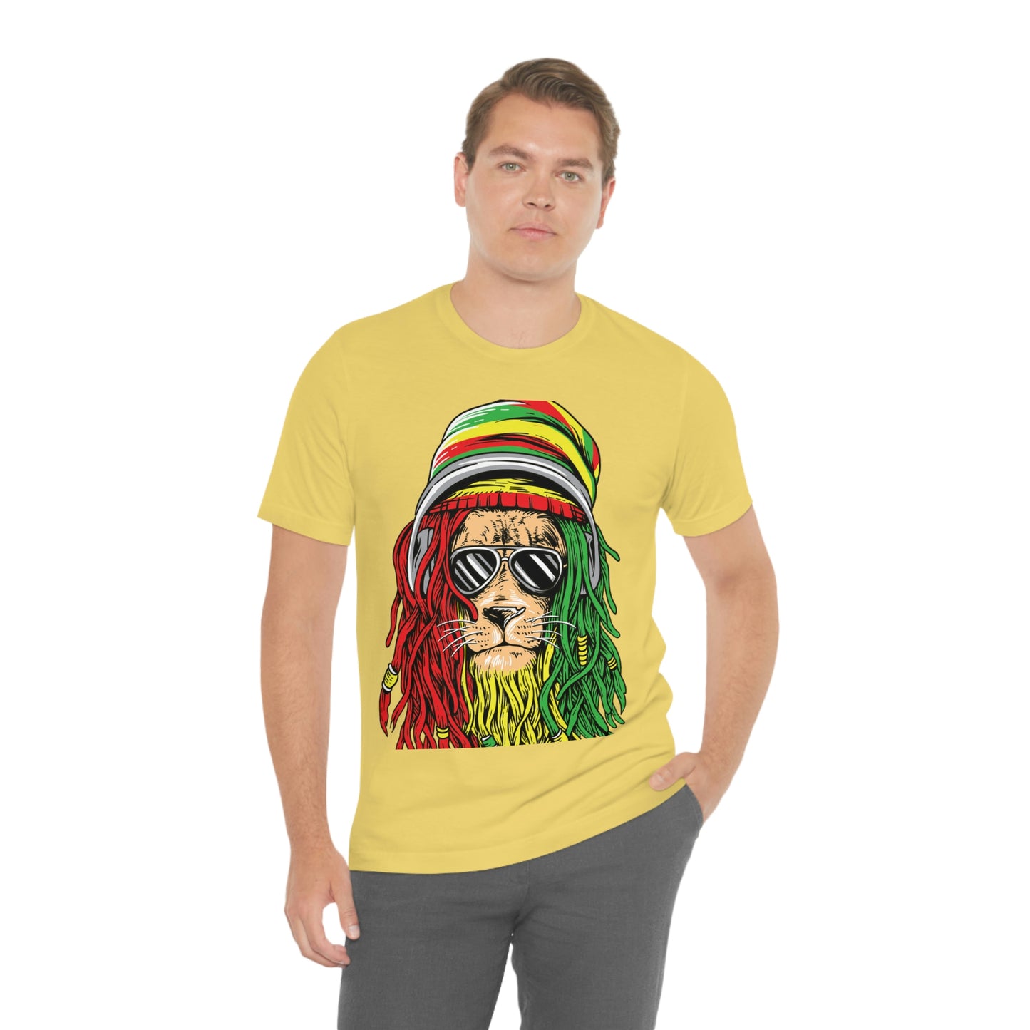 Reggae Lion With Dread locks with Hat, Unisex Jersey Short Sleeve Tee