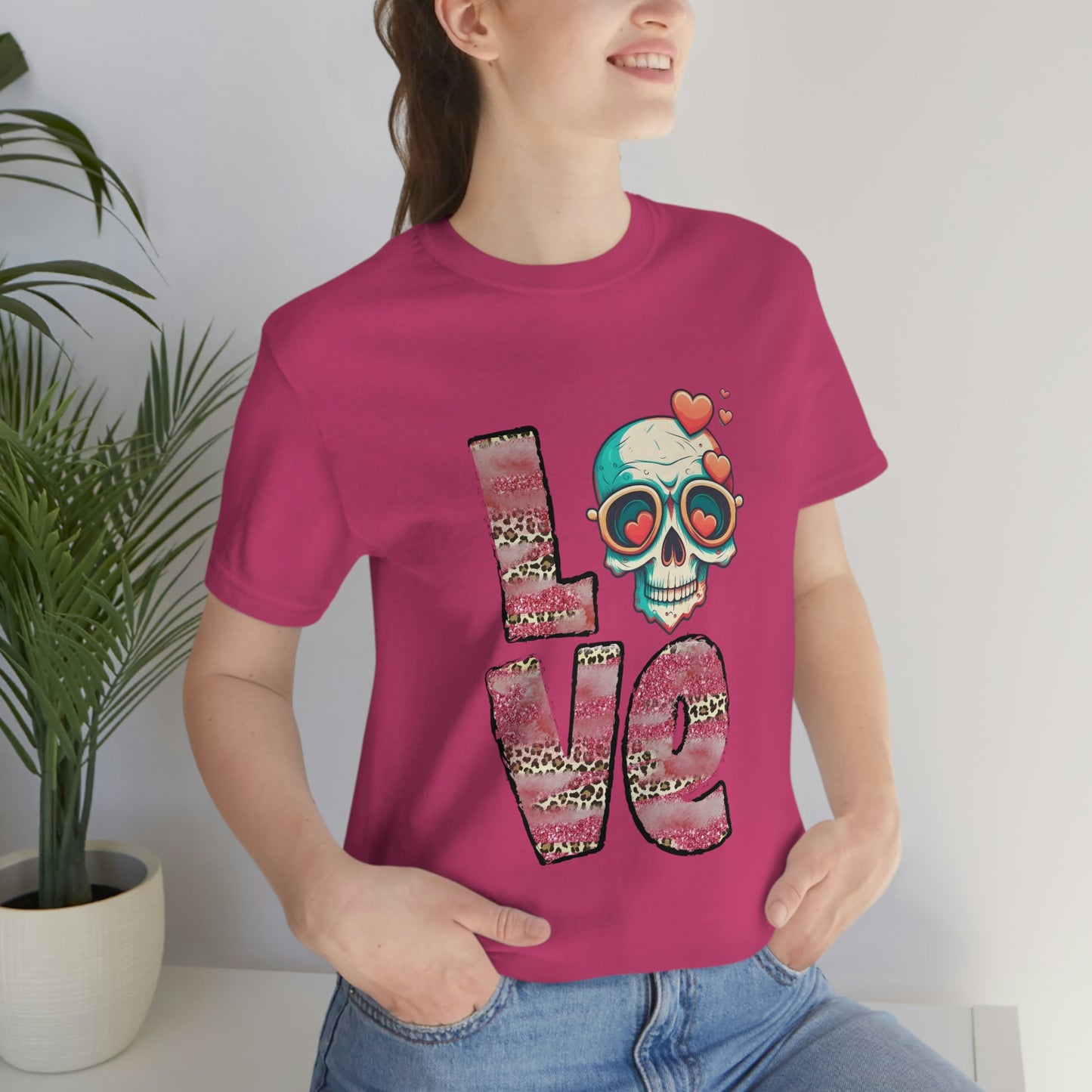 Love Valentine Skull With Red Roses Unisex Jersey Short Sleeve Tee