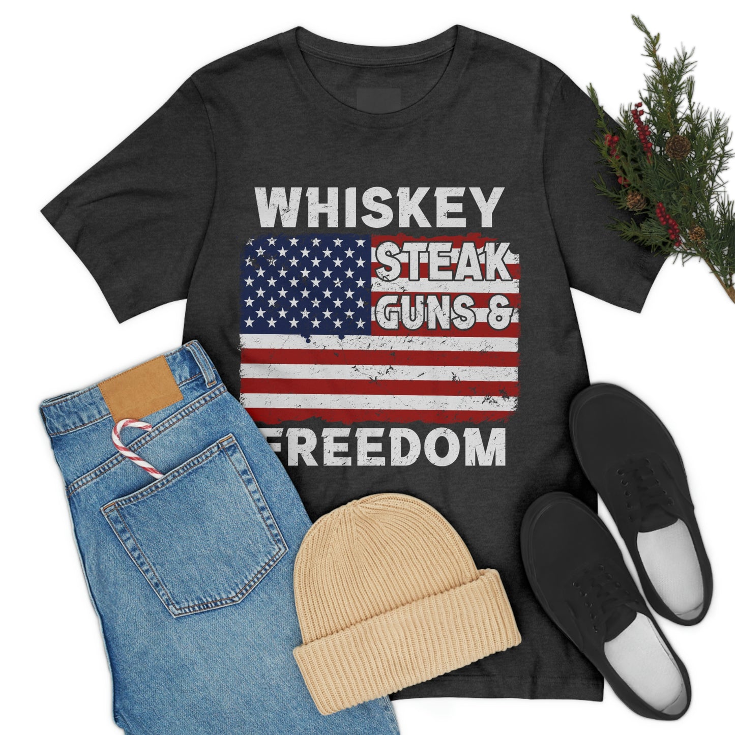 Whiskey Steak Gun And Freedom, American Flag, Fourth Of July 4th Unisex Jersey Short Sleeve Tee