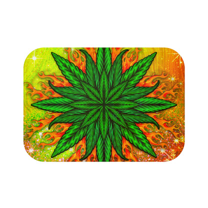 Pot Leaf Collage With Yellow Orange Background With Marijuana Pot Weed 420 Bathmat