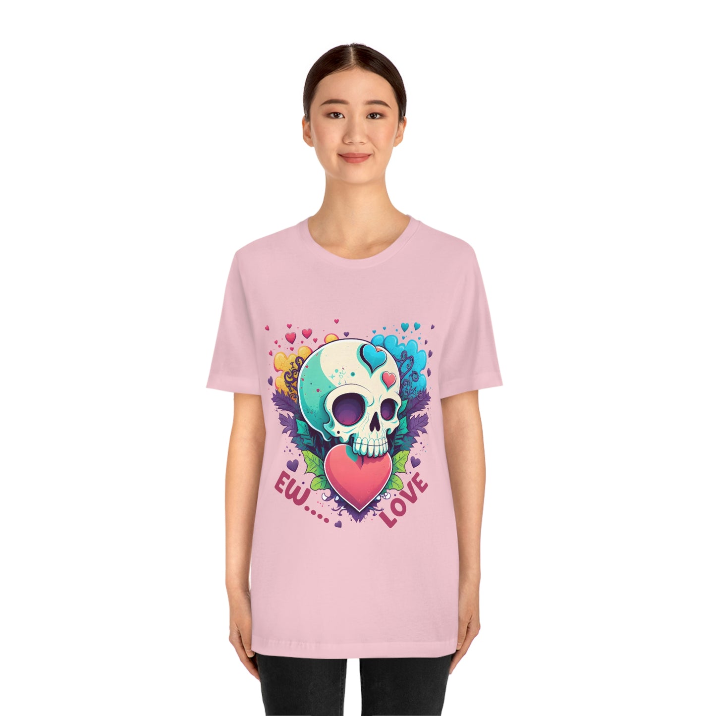 Ew Love Valentine Skull  With Pink And Blue Hearts Unisex Jersey Short Sleeve Tee