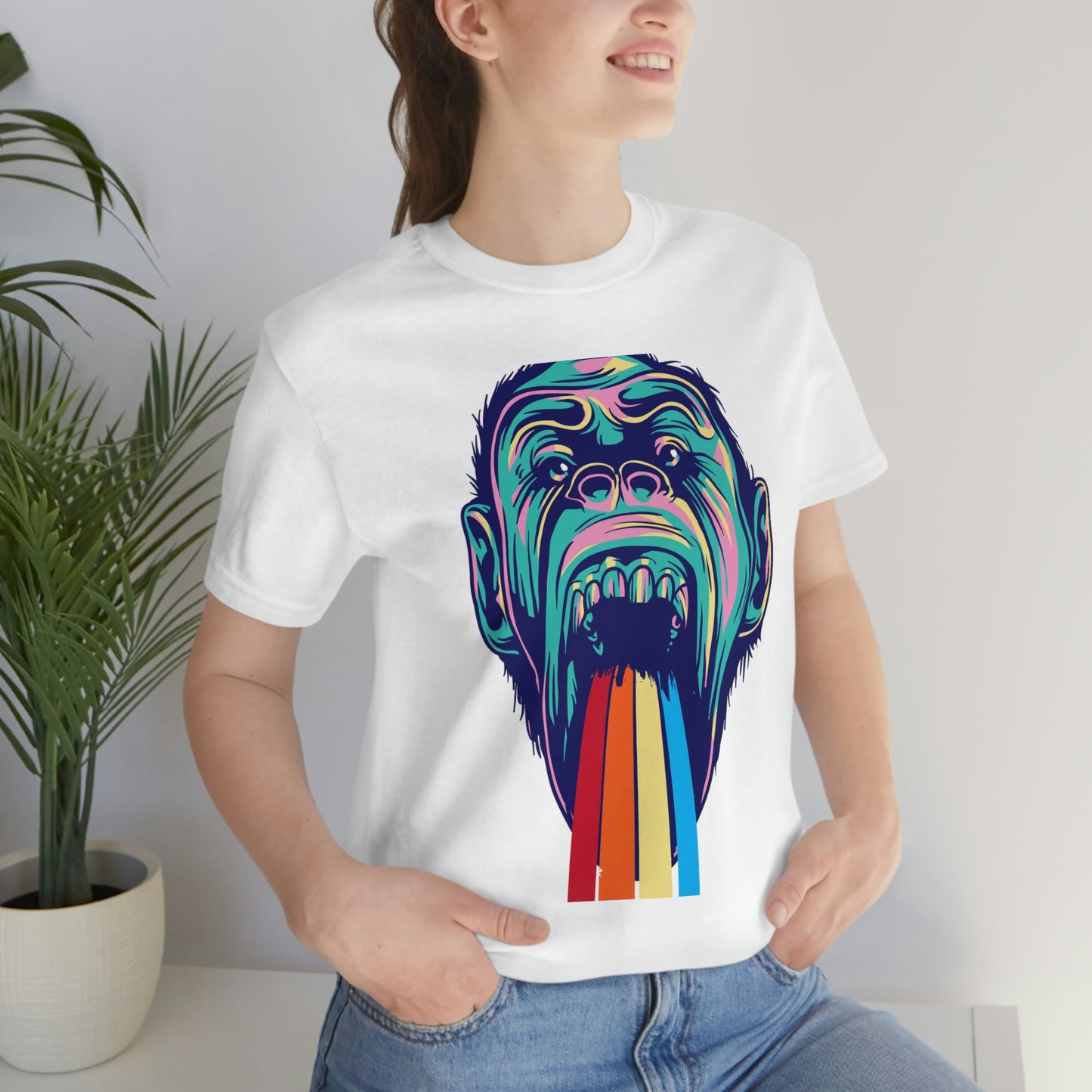 Color Ape Pouring flowing Rainbow Out His Mouth, Unisex Jersey Short Sleeve Tee