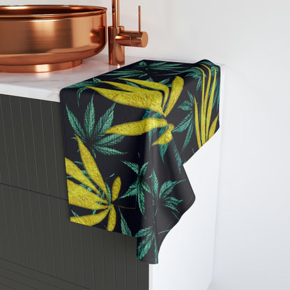 Large Gold Leaf Marijuana Pot Weed 420 With Green Leaf Background Hand Towel