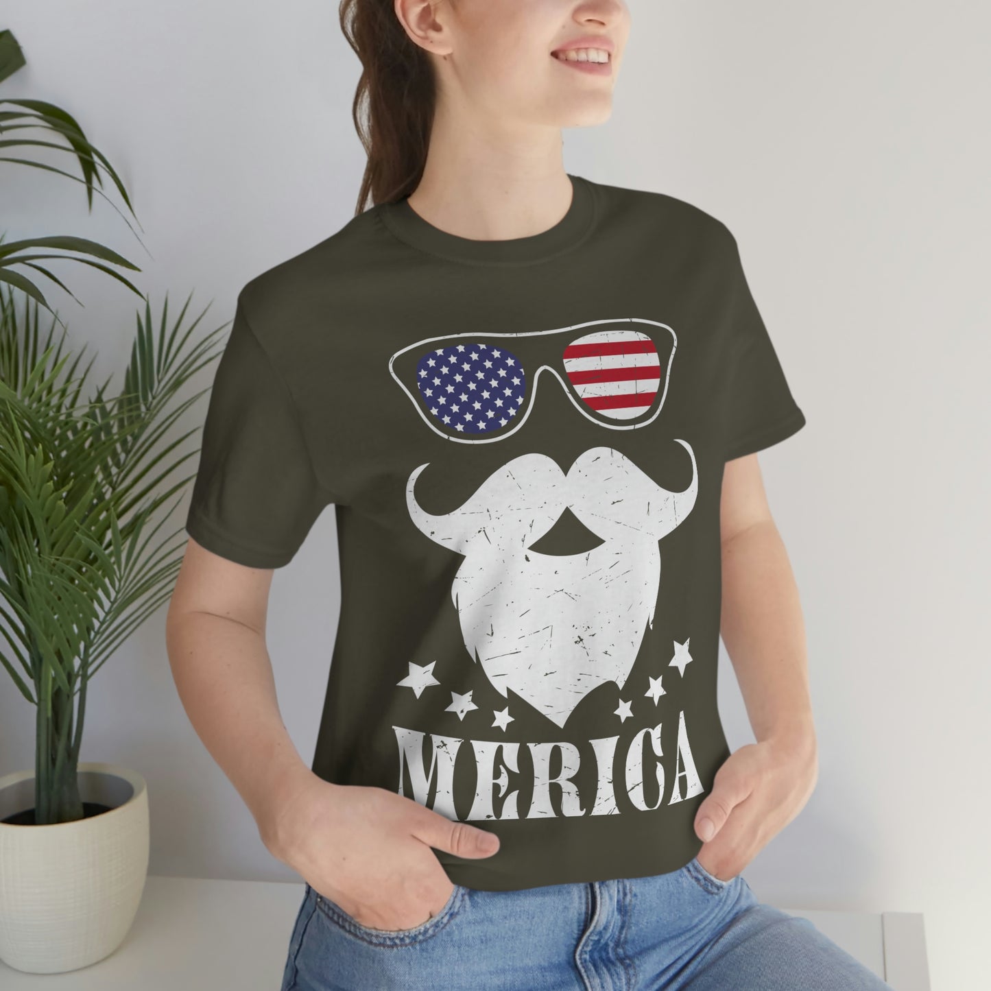 American Flag Sunglass Beard And Merican With Stars Unisex Jersey Short Sleeve Tee