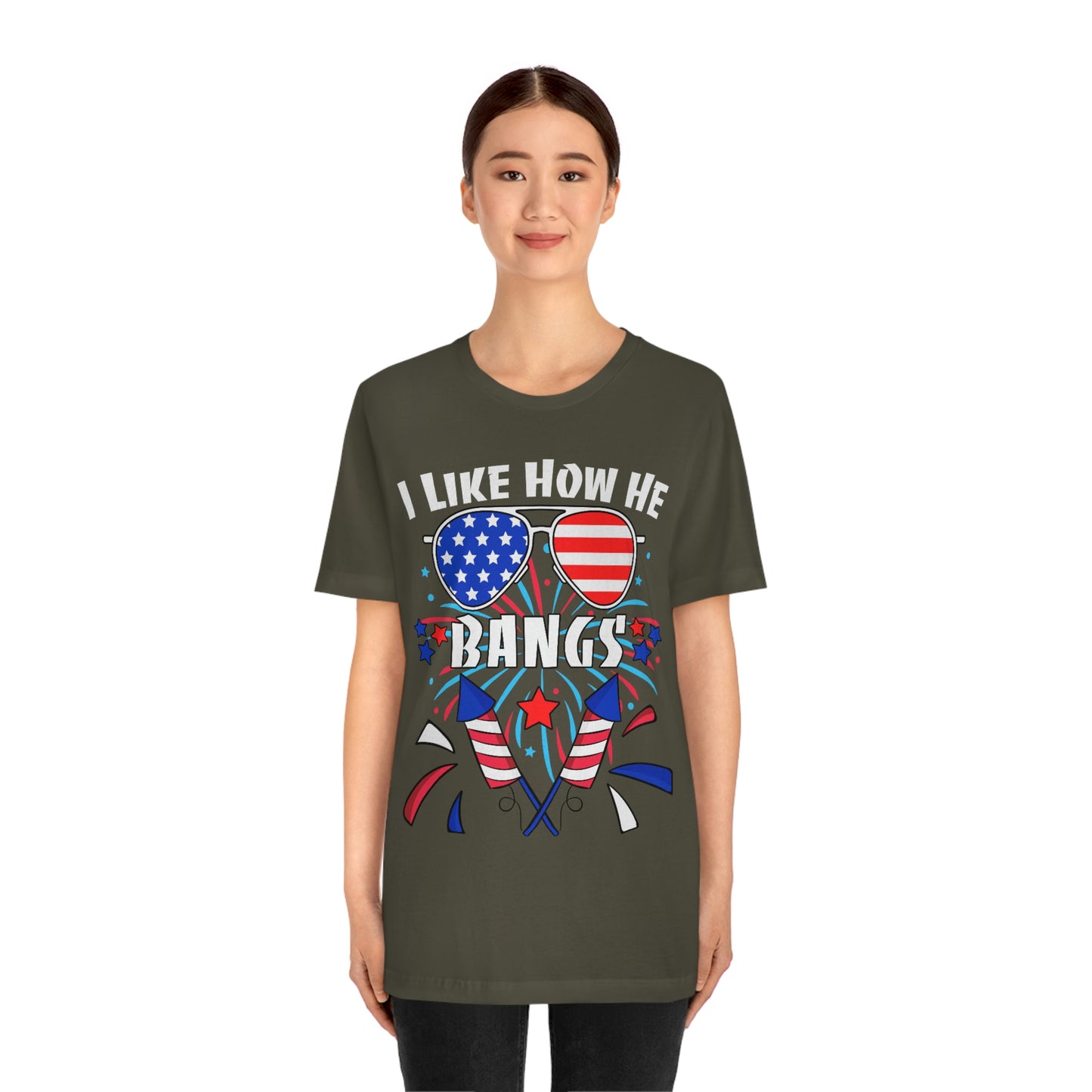 I Like How He Bangs American Flag, Fourth Of July 4th , American Flag Glasses Unisex Jersey Short Sleeve Tee