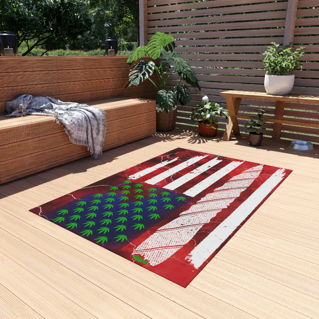 Flag Red, White And Blue Beautiful Red Background With Marijuana Pot Weed 420 Outdoor Rug