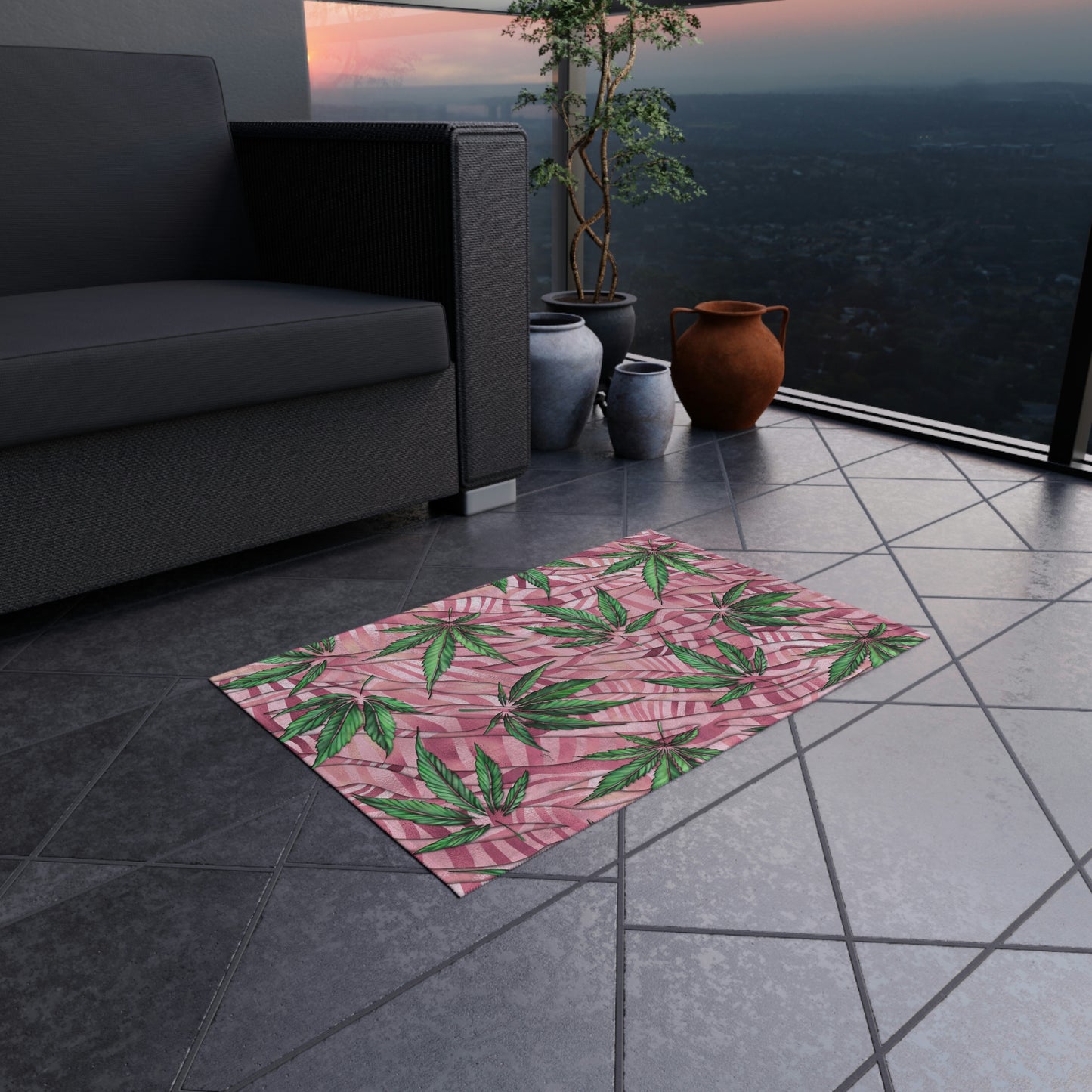 Sassy Pink And Green 420 Weed Marijuana Leaf Outdoor Rug