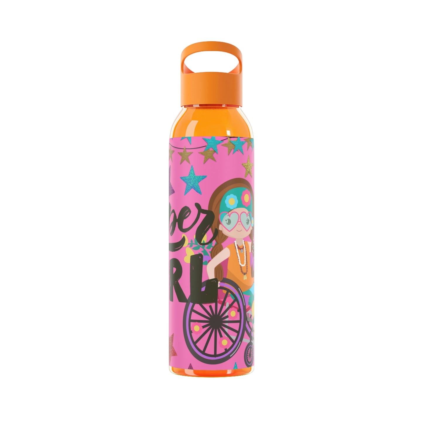 Super Girl Hippie Chic , Wheelchair Purple Background Sky Water Bottle