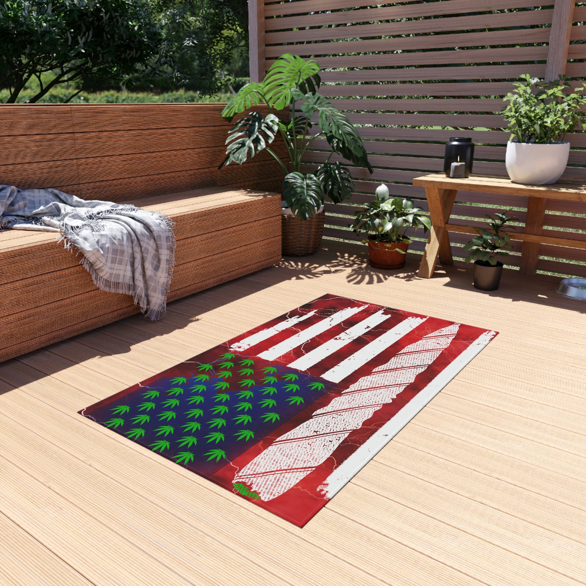 Flag Red, White And Blue Beautiful Red Background With Marijuana Pot Weed 420 Outdoor Rug