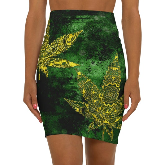Gorgeous Designed Gold Leaf With multigreen Background Marijuana Pot Weed 420 Women's Mini Skirt (AOP)