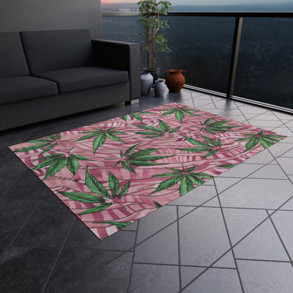 Sassy Pink And Green 420 Weed Marijuana Leaf Outdoor Rug