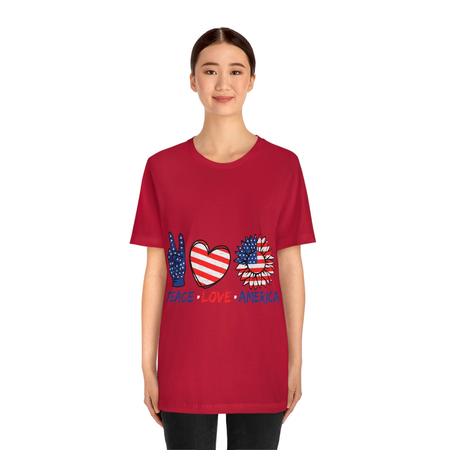 Peace Fingers , Love Heart , America Flag Design Unisex Jersey Short Sleeve Tee