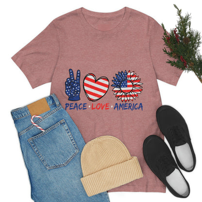 Peace Fingers , Love Heart , America Flag Design Unisex Jersey Short Sleeve Tee