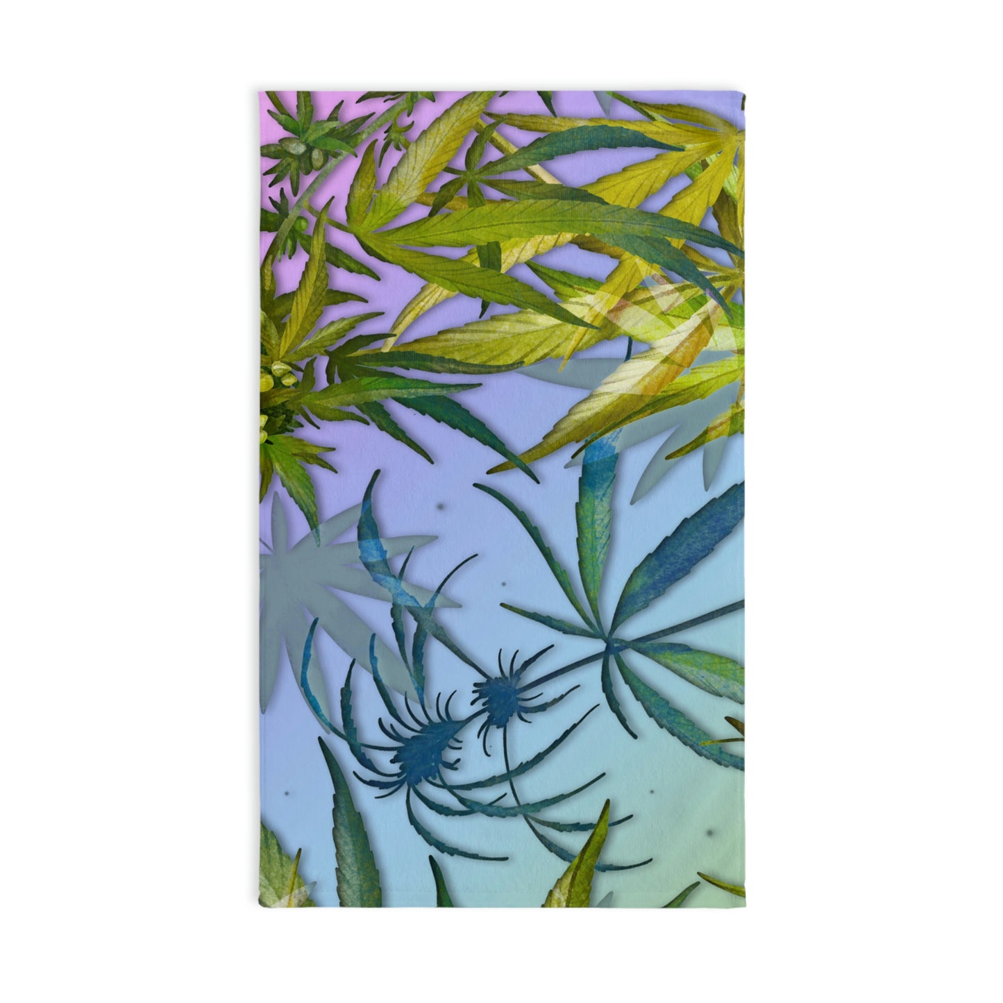 Pinkish Purple And Blue Beautiful Background With Marijuana Pot Weed 420 With Green Leaves Background Hand Towel