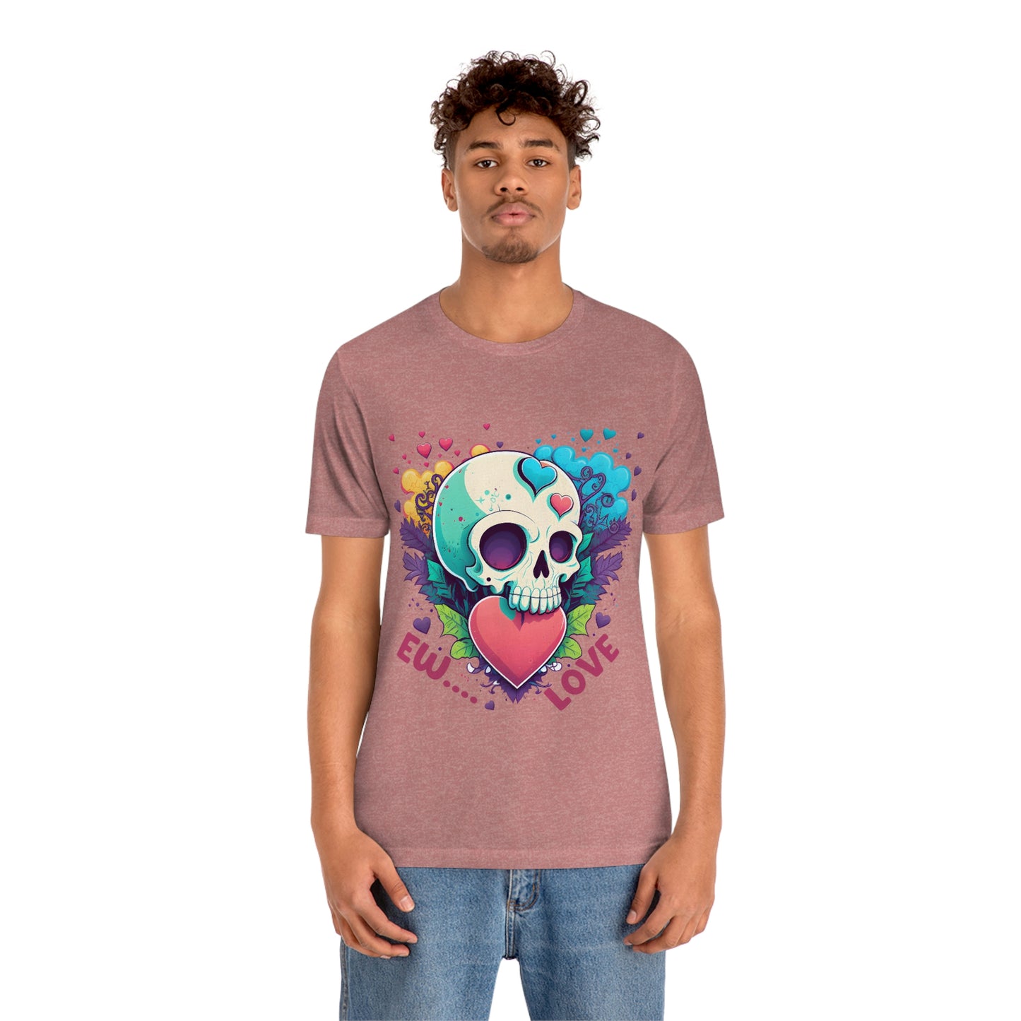 Ew Love Valentine Skull  With Pink And Blue Hearts Unisex Jersey Short Sleeve Tee