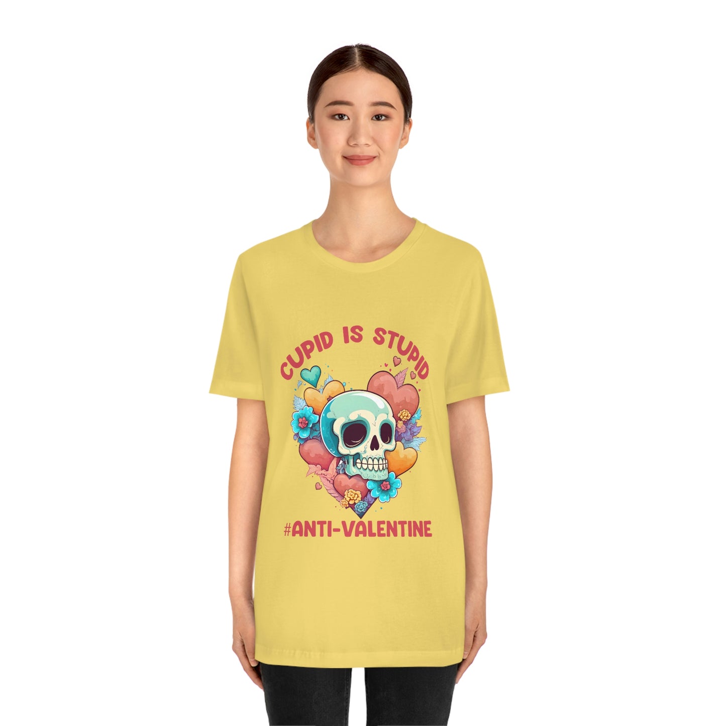 Stupid Cupid #Anti-Valentine Skull With Hearts & Flowers Unisex Jersey Short Sleeve Tee