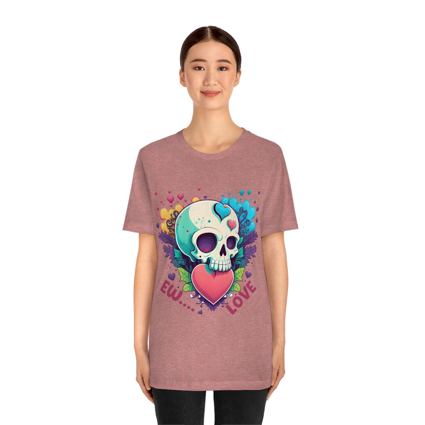 Ew Love Valentine Skull  With Pink And Blue Hearts Unisex Jersey Short Sleeve Tee