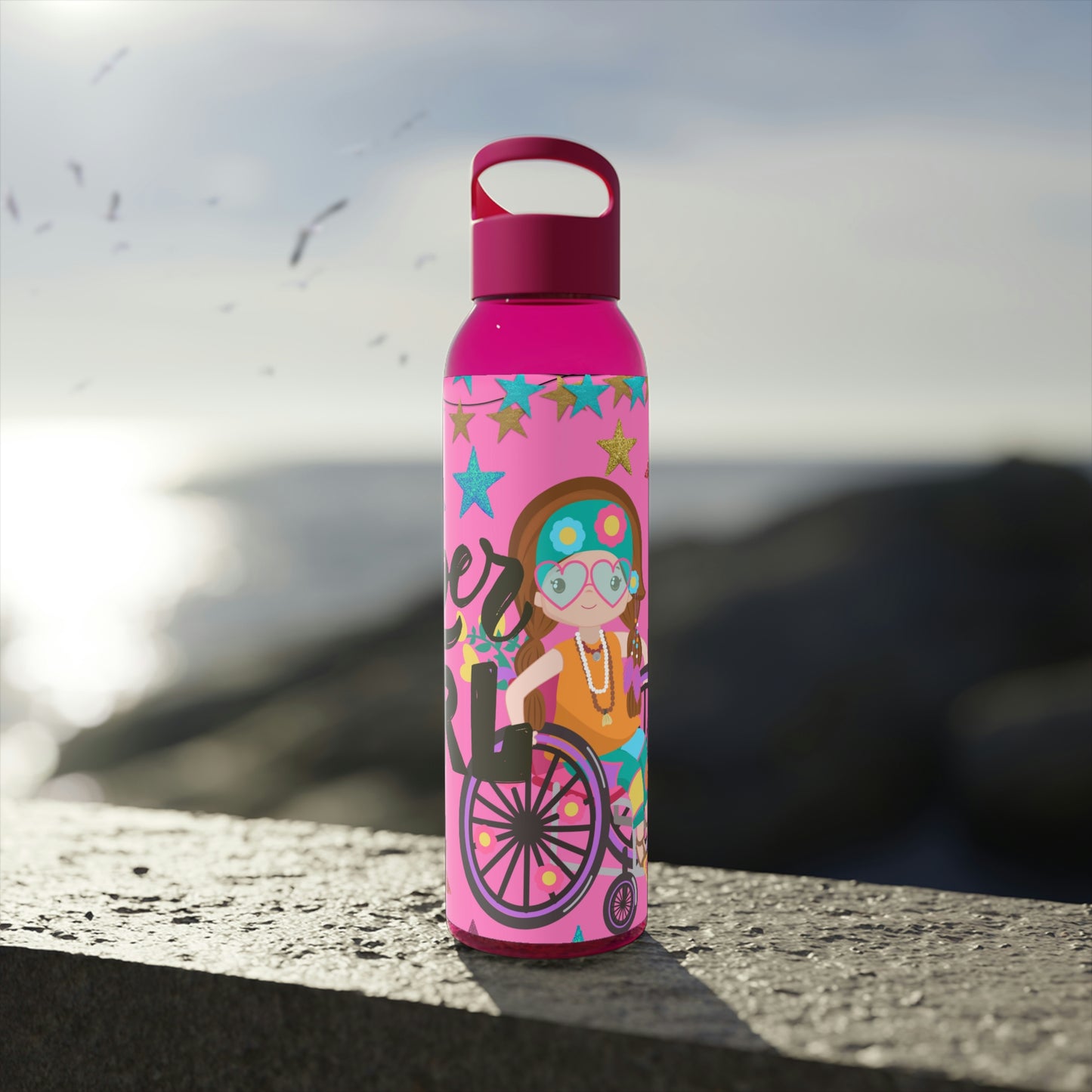 Super Girl Hippie Chic , Wheelchair Purple Background Sky Water Bottle