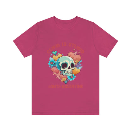 Stupid Cupid #Anti-Valentine Skull With Hearts & Flowers Unisex Jersey Short Sleeve Tee