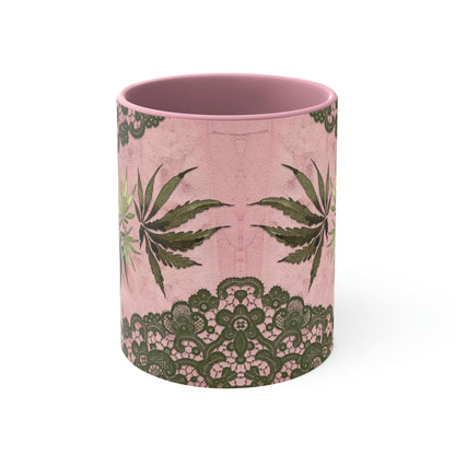 Grey Lace Gorgeous Pink Beautiful Multicolored Pot, Weed, Marijuana Leaf Accent Coffee Mug, 11oz