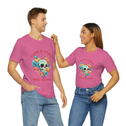 Stupid Cupid #Anti-Valentine Skull With Hearts & Flowers Unisex Jersey Short Sleeve Tee