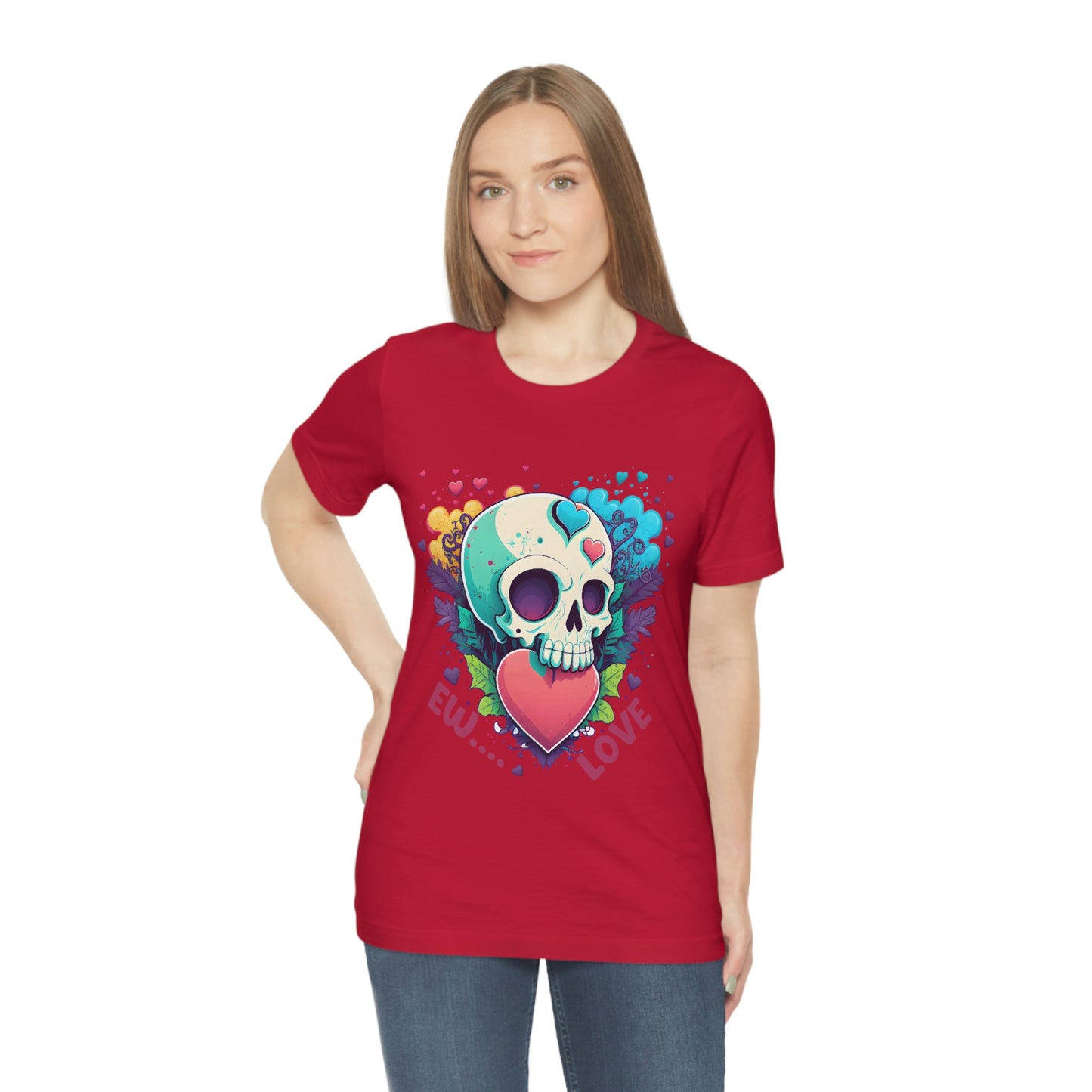 Ew Love Valentine Skull  With Pink And Blue Hearts Unisex Jersey Short Sleeve Tee