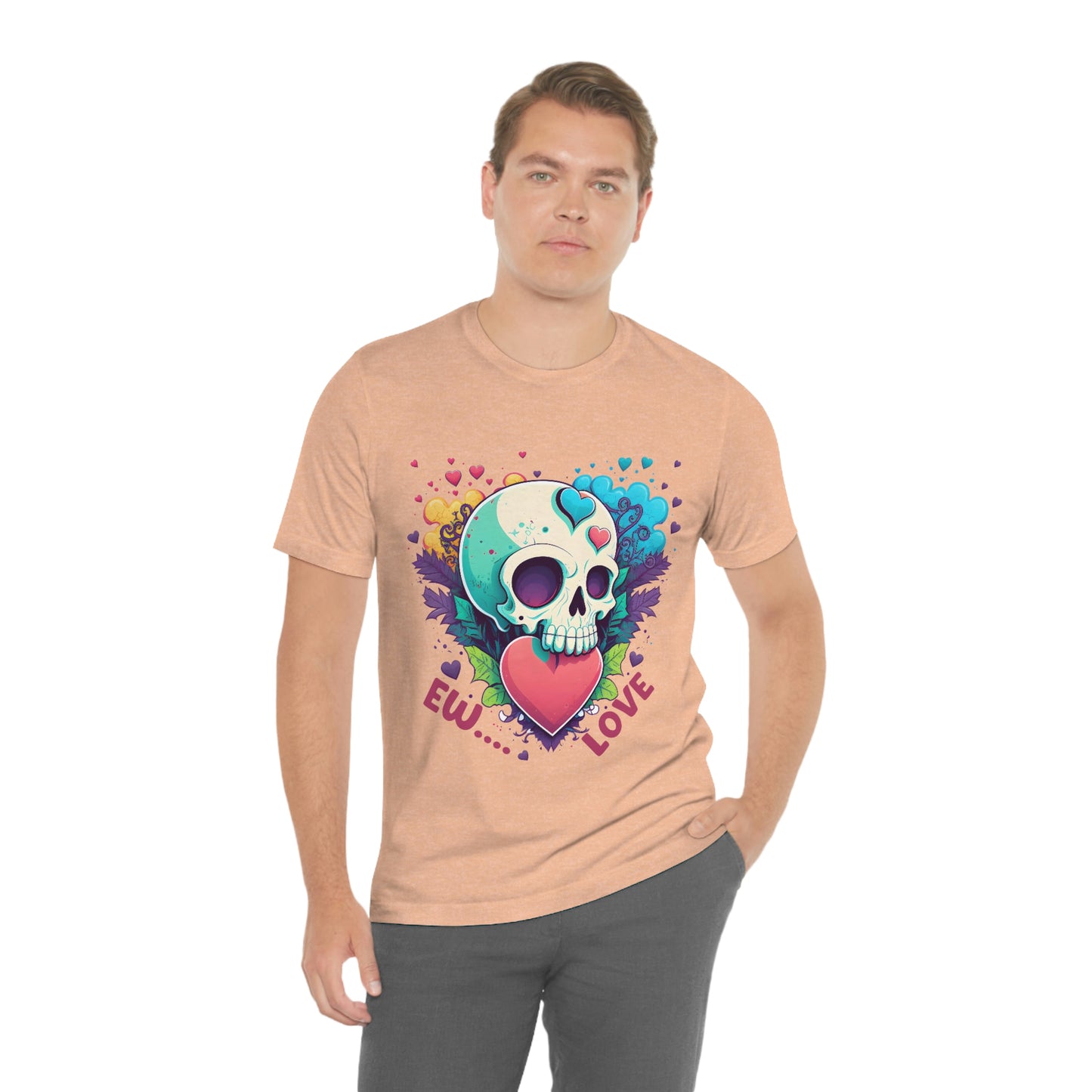 Ew Love Valentine Skull  With Pink And Blue Hearts Unisex Jersey Short Sleeve Tee