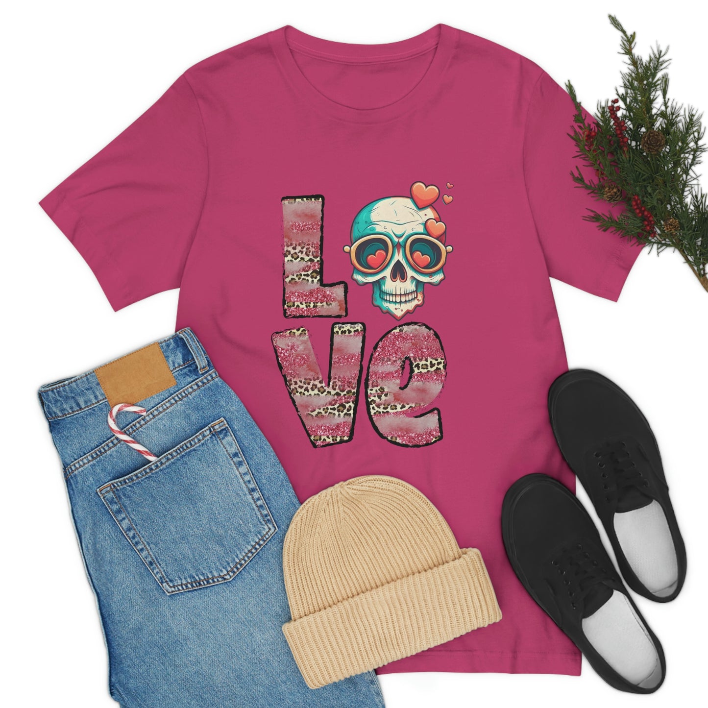 Love Valentine Skull With Red Roses Unisex Jersey Short Sleeve Tee