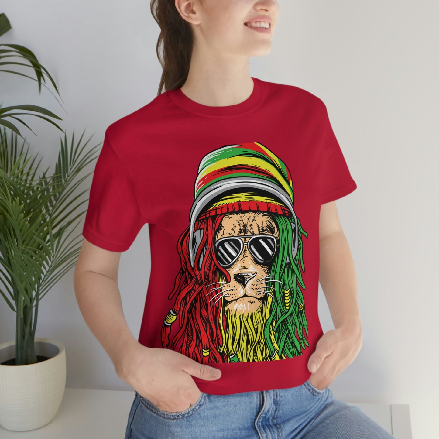 Reggae Lion With Dread locks with Hat, Unisex Jersey Short Sleeve Tee