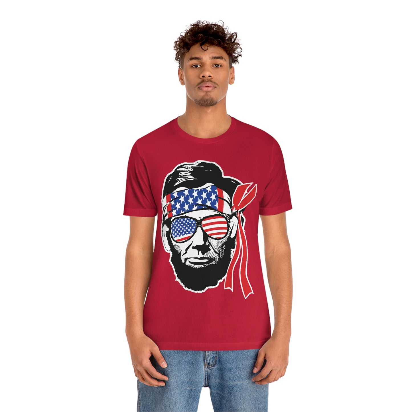 Independence Day Groovy Flag Glasses Well Known Face with Flag Bandana Unisex Jersey Short Sleeve Tee