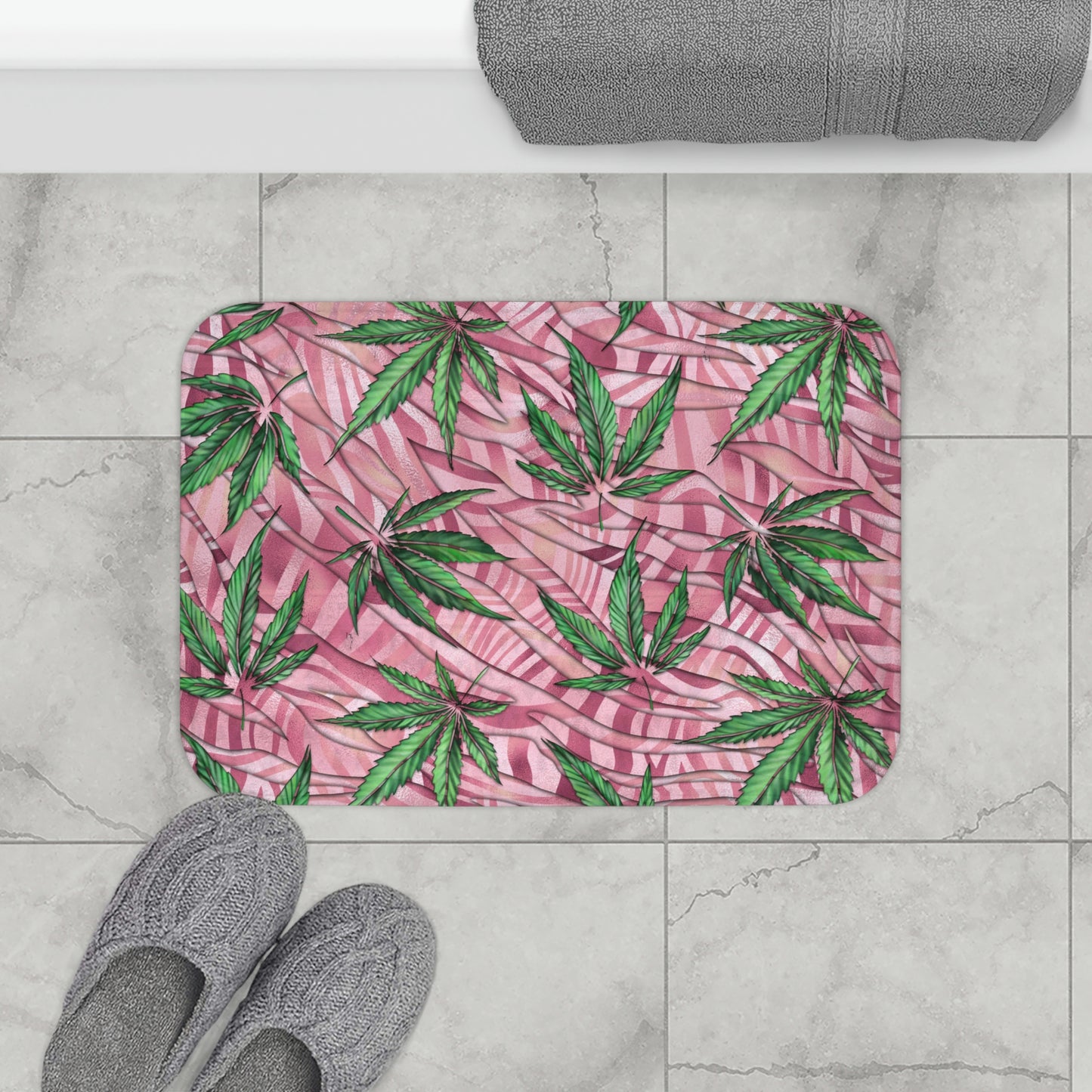 Sassy Pink And Green 420 Weed Marijuana Leaf Bath Mat