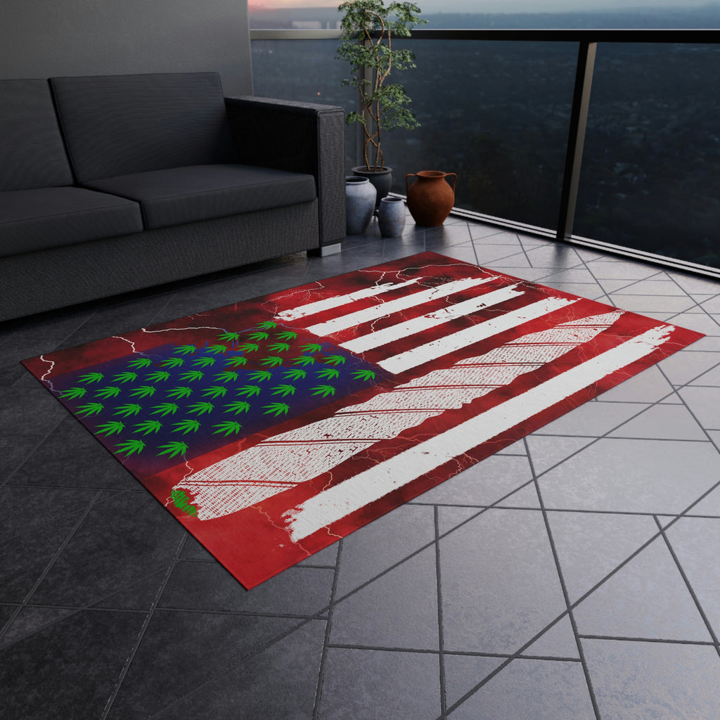 Flag Red, White And Blue Beautiful Red Background With Marijuana Pot Weed 420 Outdoor Rug