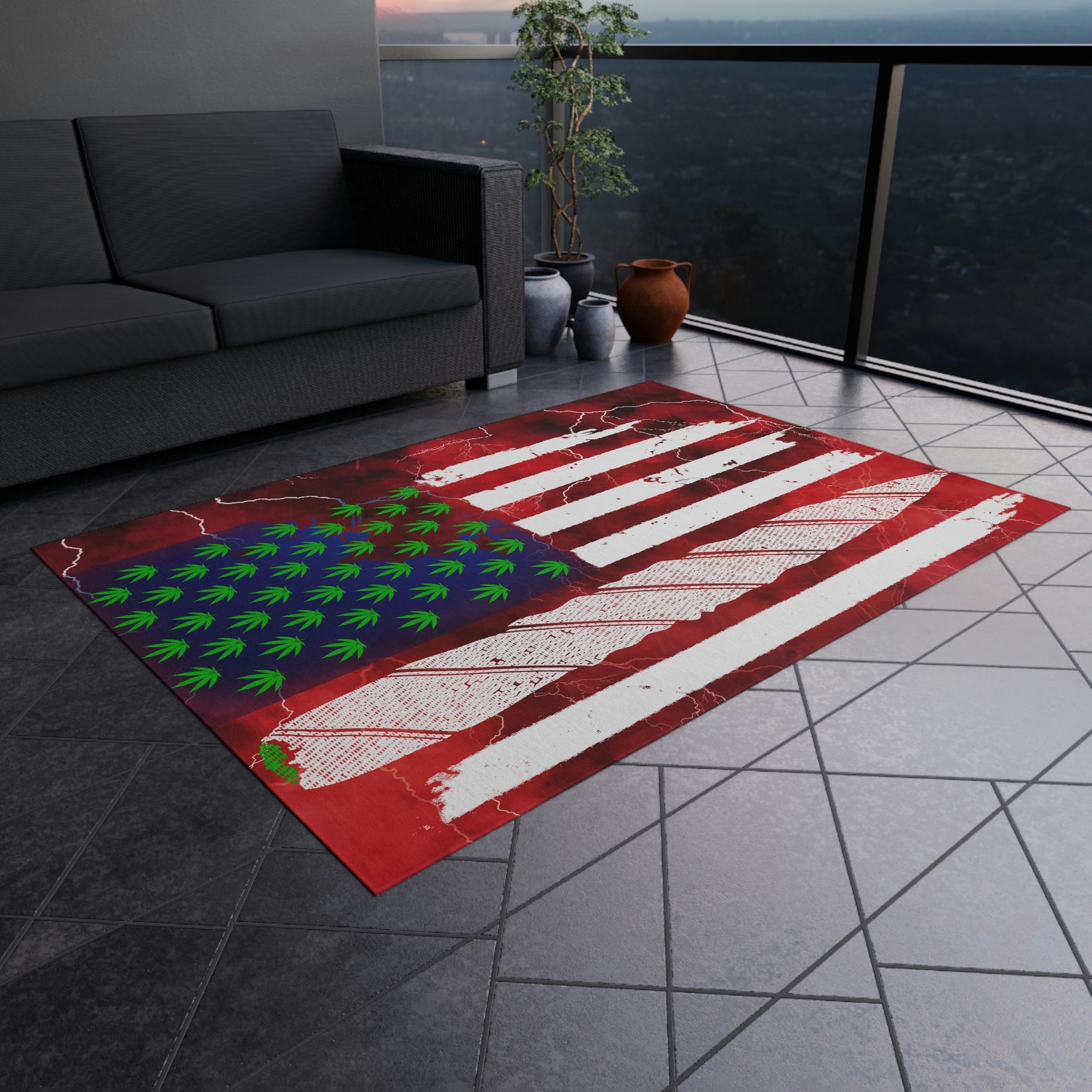 Flag Red, White And Blue Beautiful Red Background With Marijuana Pot Weed 420 Outdoor Rug