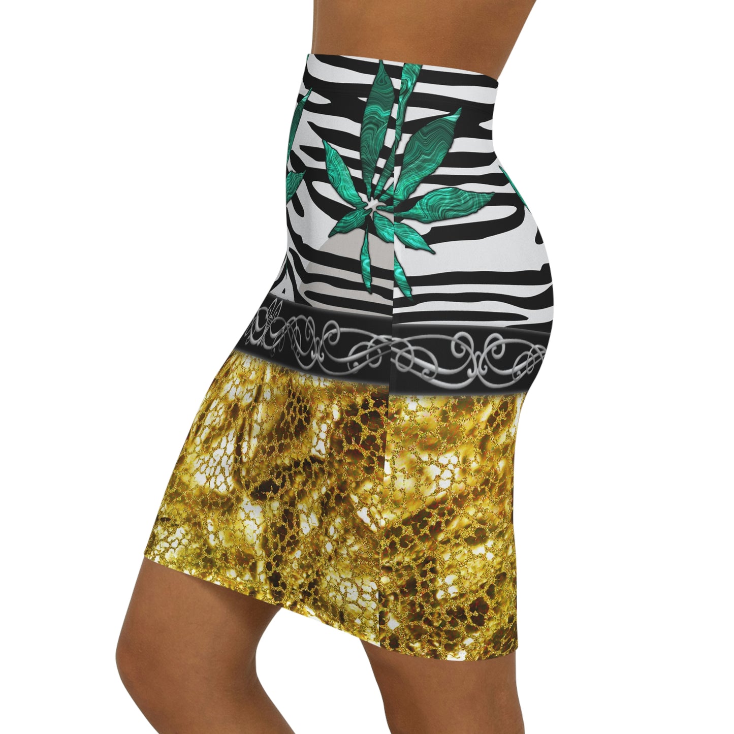 Gold And Zebra White And Black Marijuana Pot Weed Leaf 420 Leaf Women's Mini Skirt (AOP)